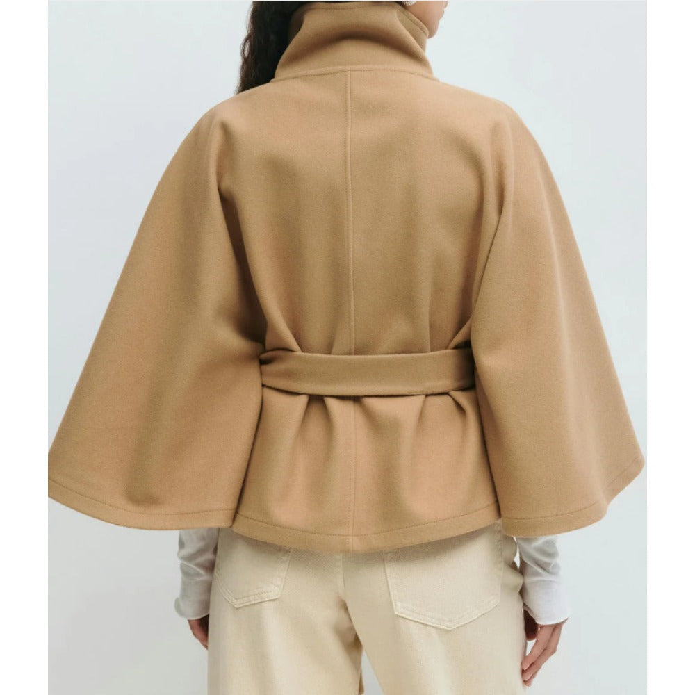 Women's Belted Cape Coat with High Button Collar