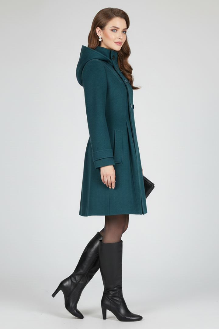 Women's Hooded Double-Breasted Fit and Flare Coat