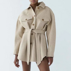 Women's Belted Brushed Shacket with Flap Pockets