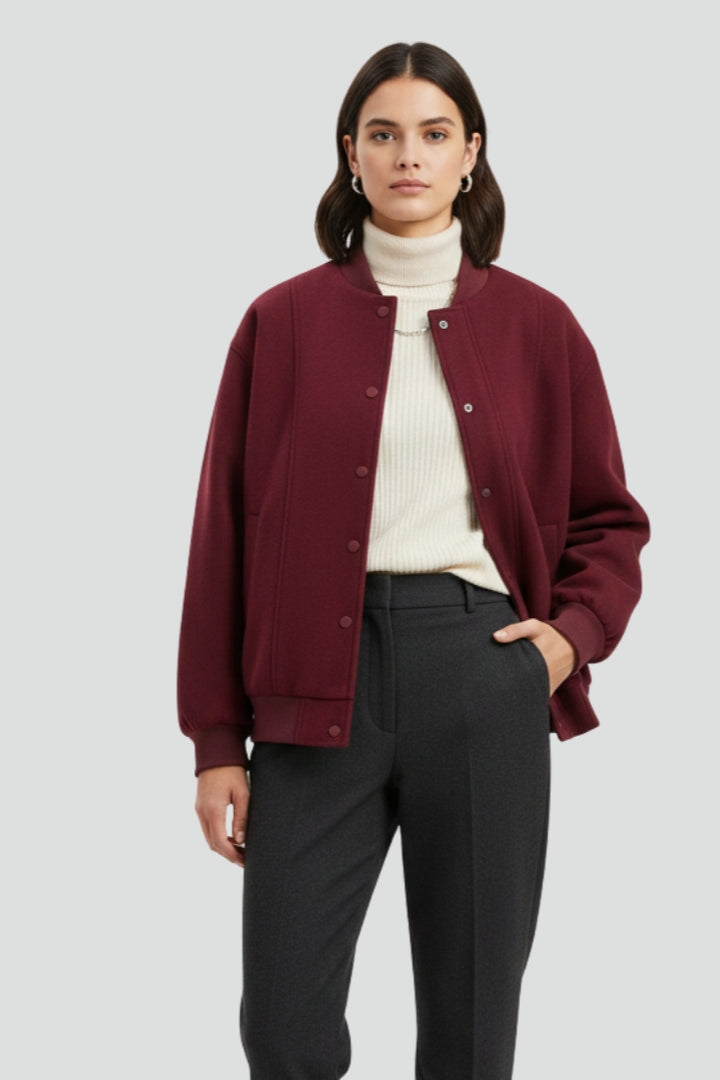 Women's Ribbed Collar Button-Front Varsity Jacket