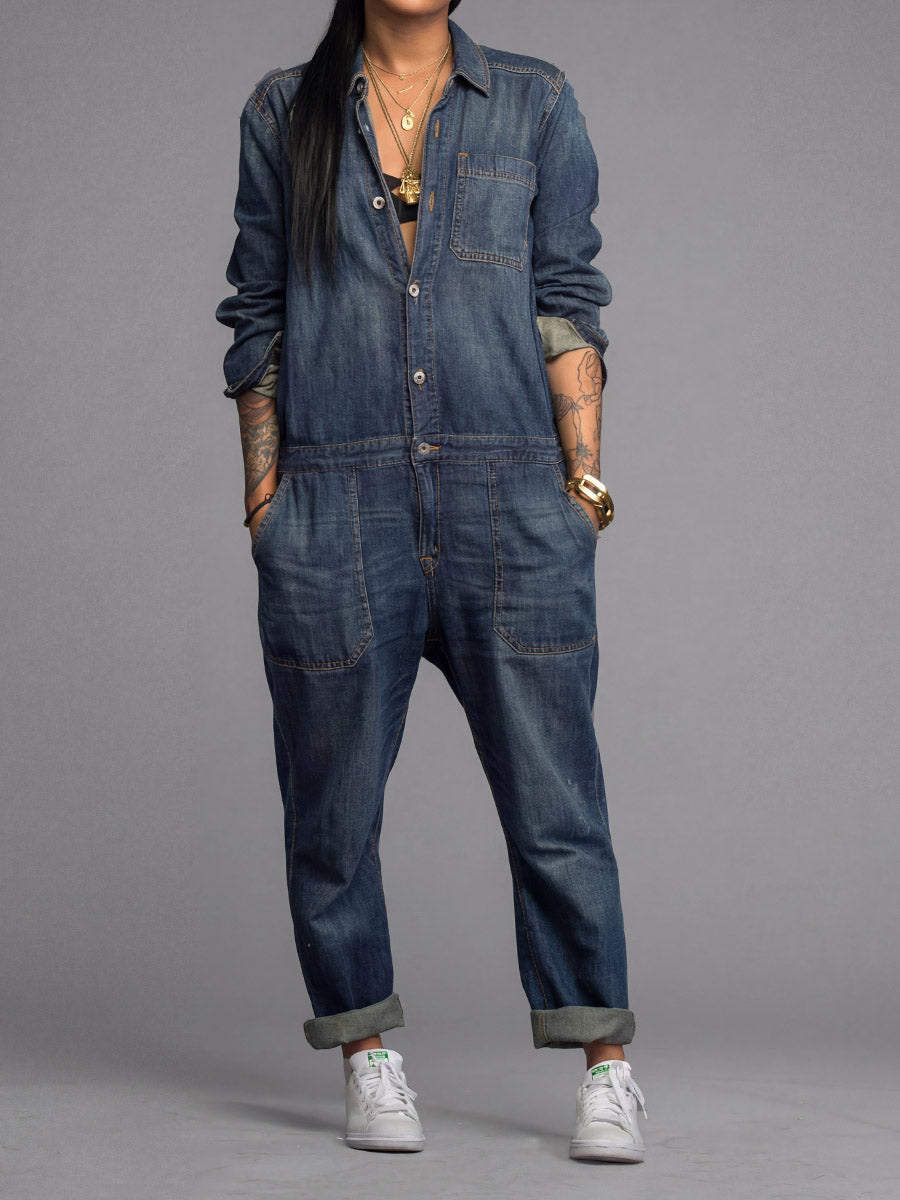 Women's Denim Button-Front Relaxed Fit Jumpsuit