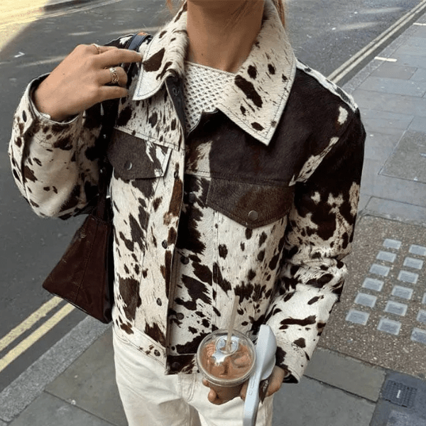 Women's Cow Print Cropped Button-Front Jacket