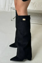 Women's Faux Suede Fold-Over Knee-High Boots with Buckle Strap