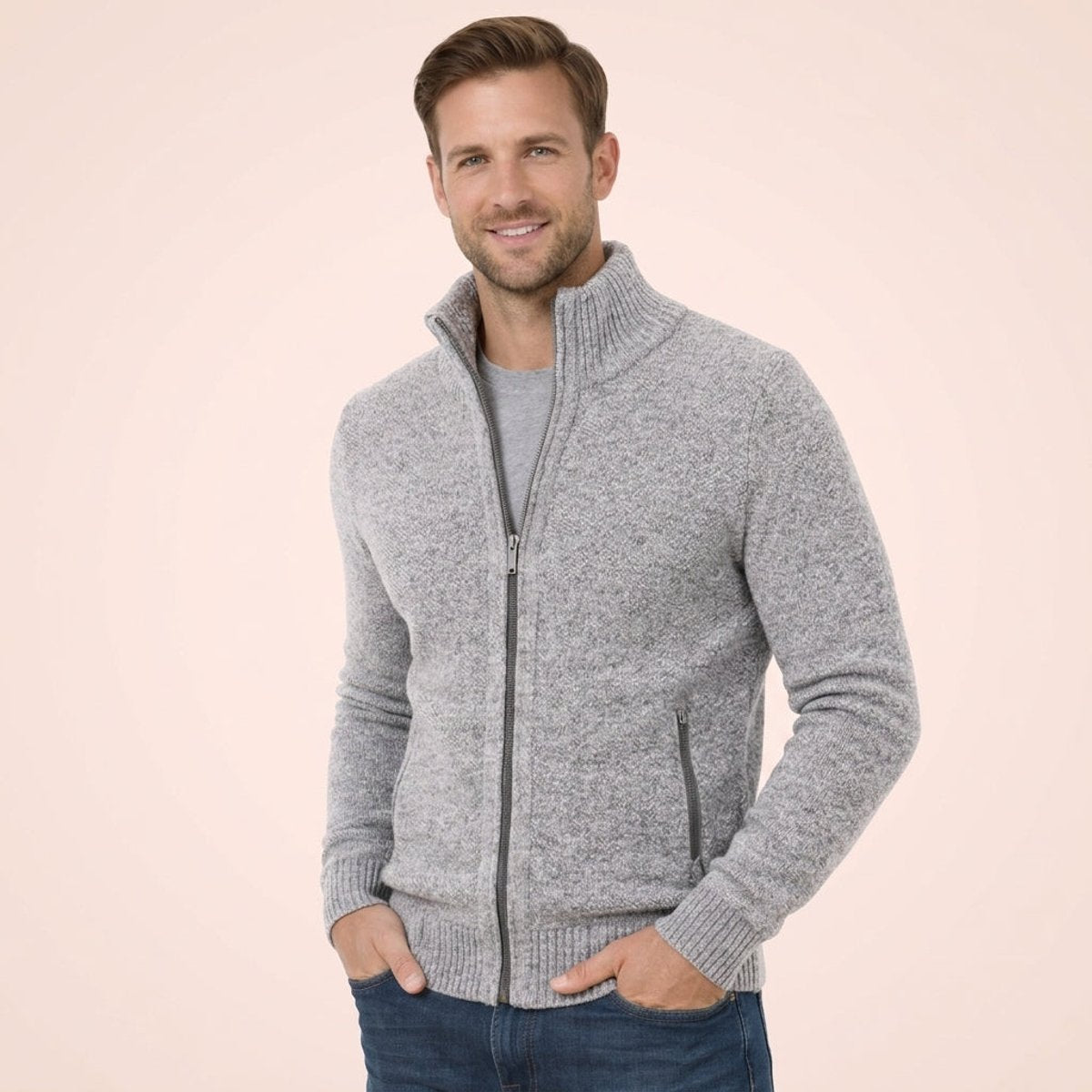 Men's Full-Zip Stand Collar Knit Cardigan Sweater