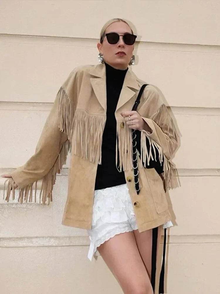 Women's Oversized Faux Suede Fringe Jacket