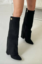 Women's Faux Suede Fold-Over Knee-High Boots with Buckle Strap