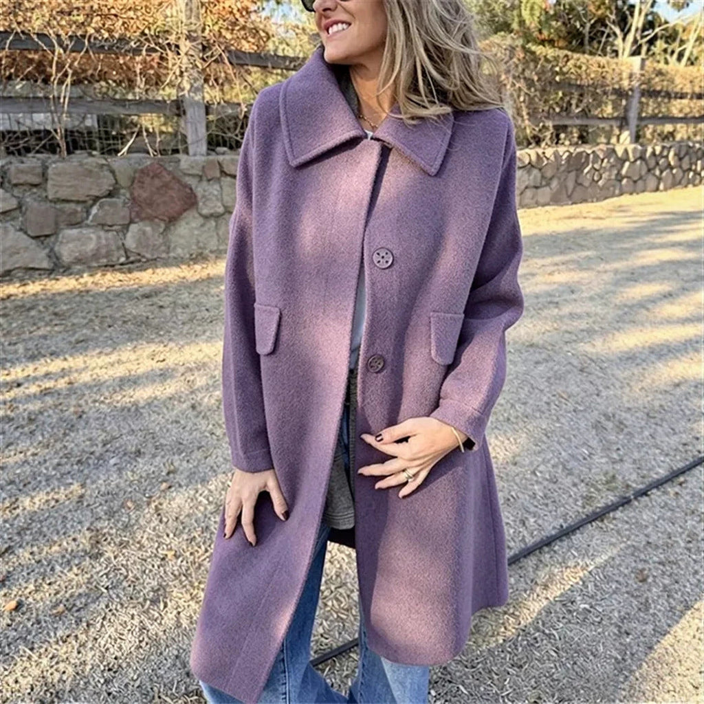Women's Relaxed Single-Breasted Longline Coat with Wide Collar