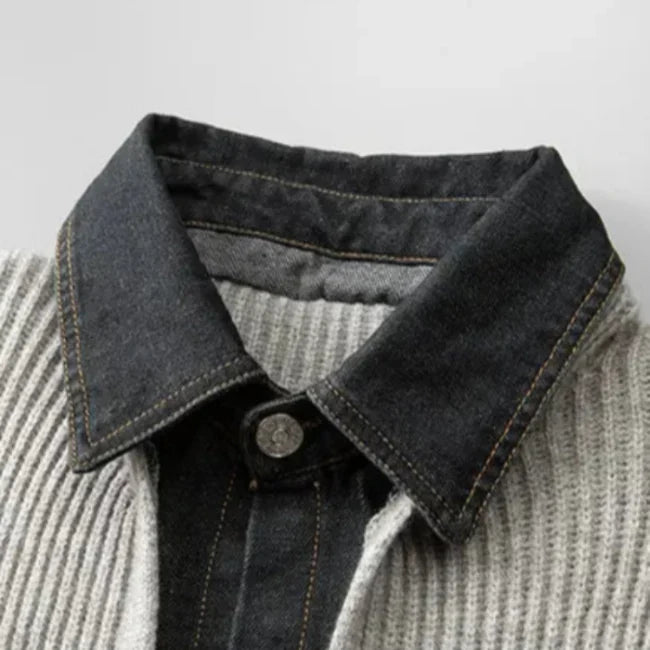 Men's Ribbed Knit Cardigan Jacket with Denim Trim