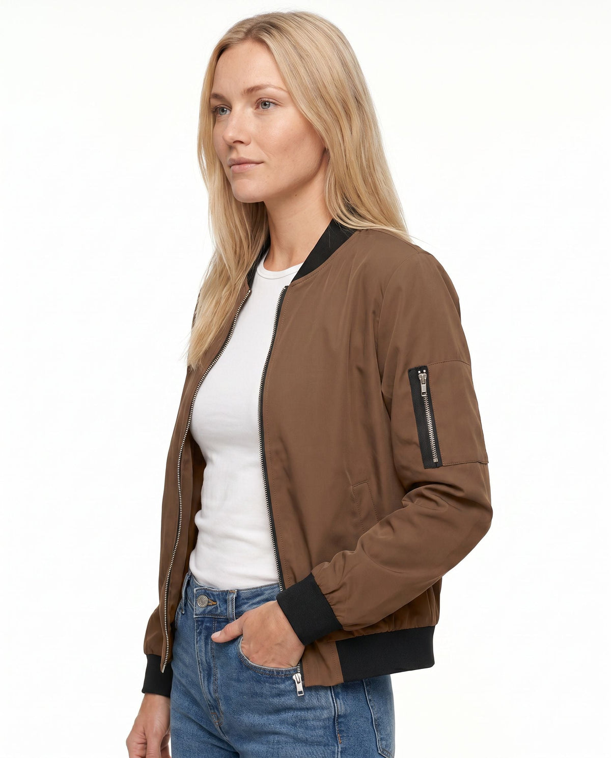 Women's Classic Zip-Up Bomber Jacket with Sleeve Pocket