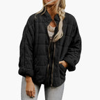 Women's Oversized Quilted Zip-Up Jacket with Stand Collar