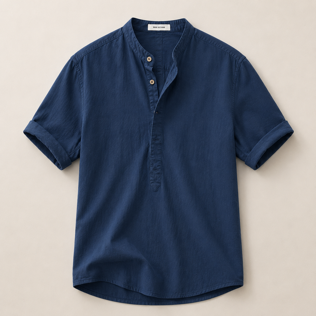Men's Short Sleeve Band Collar Linen Shirt