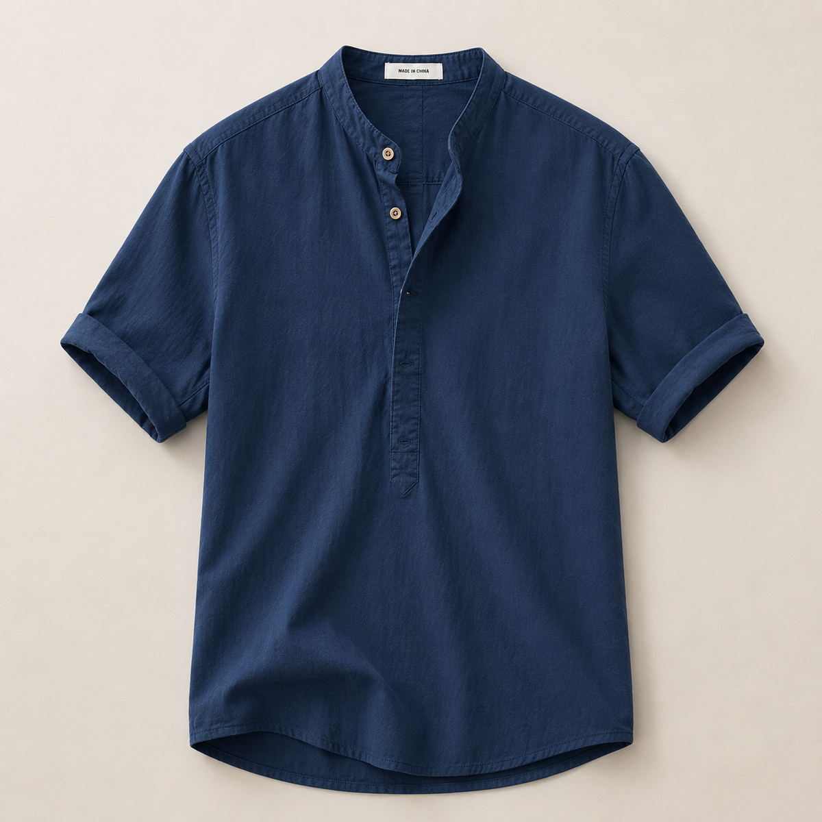 Men's Short Sleeve Band Collar Linen Shirt
