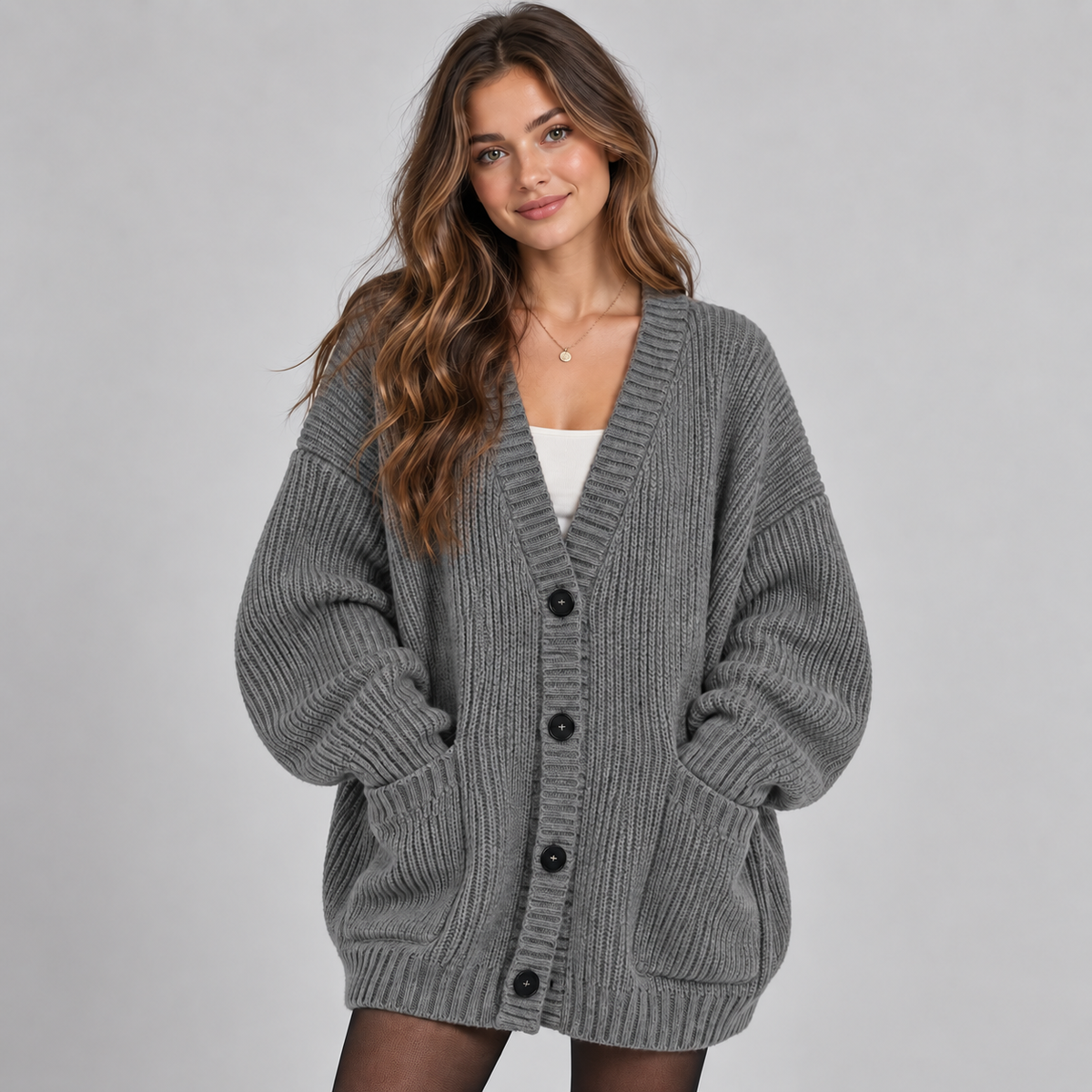 Women's Oversized Ribbed Knit V-Neck Cardigan with Pockets