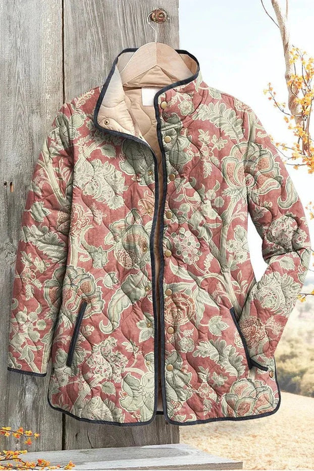Women's Floral Patchwork Quilted Jacket with Stand Collar