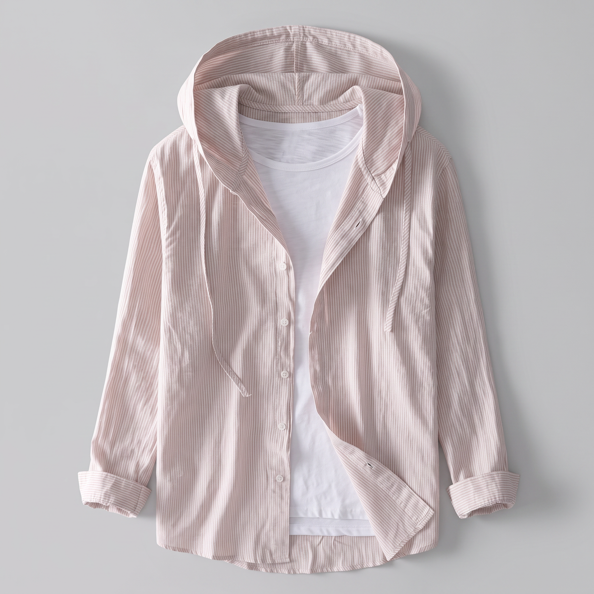 Men’s Striped Hooded Button-Up Shirt with Drawstring
