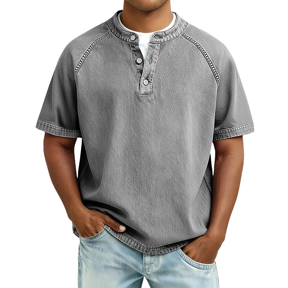 Men's Short Sleeve Band Collar Button Henley Tee