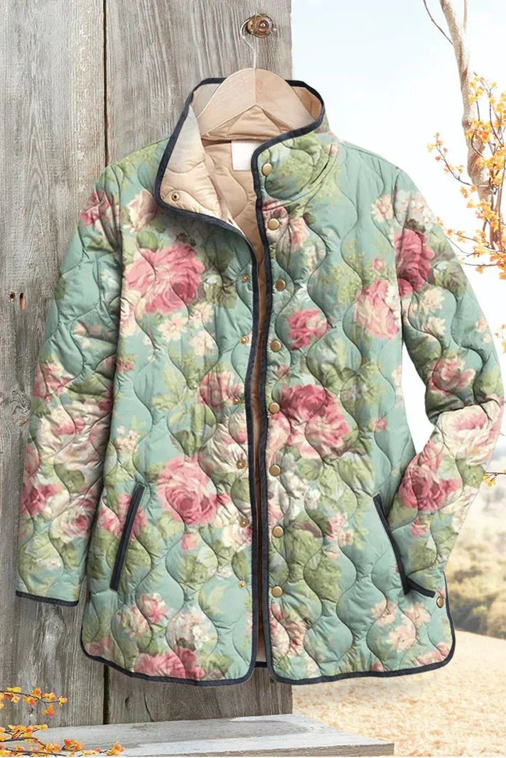 Women's Floral Patchwork Quilted Jacket with Stand Collar