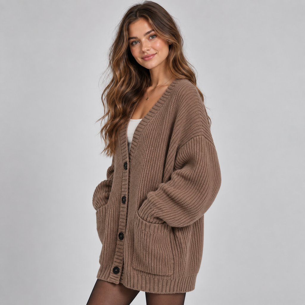 Women's Oversized Ribbed Knit V-Neck Cardigan with Pockets