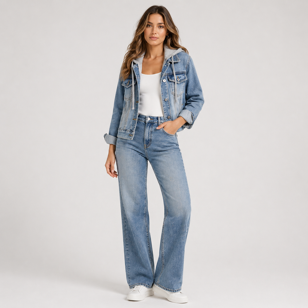 Women's Cropped Denim Jacket with Drawstring Jersey Hood