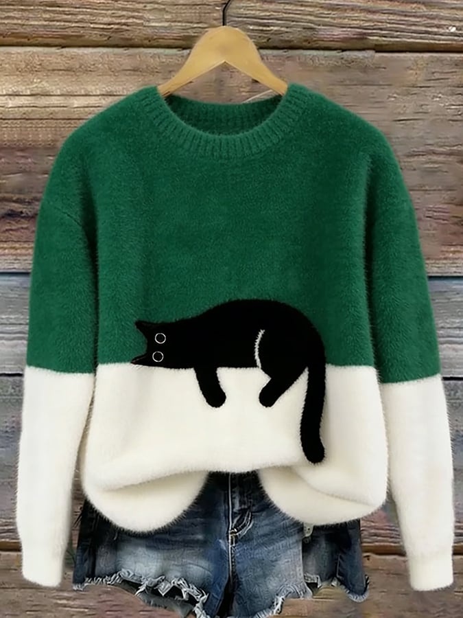 Women’s Colour Block Fluffy Knit Sweater with Lounging Cat Design