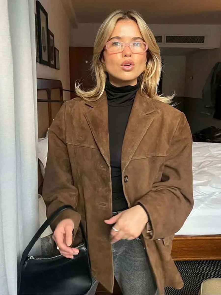 Women's Oversized Notch Collar Suede-Look Blazer
