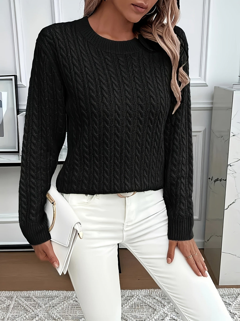 Women’s Classic Cable Knit Mock Neck Sweater