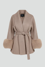 Women's Fur Cuff Belted Wrap Coat