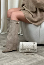 Women's Faux Suede Fold-Over Knee-High Boots with Buckle Strap