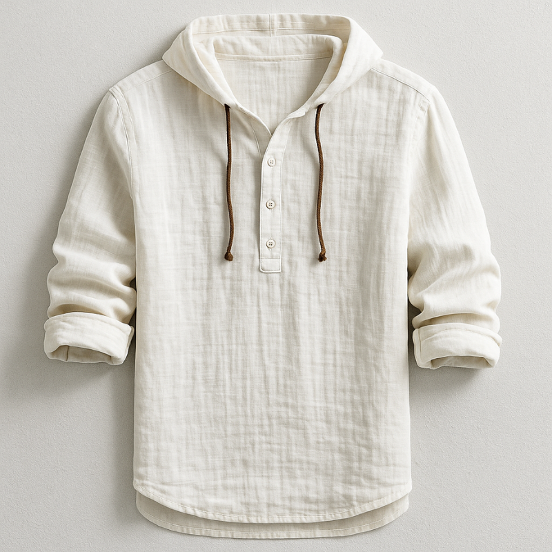 Men's Lightweight Hooded Henley Shirt with Drawstring