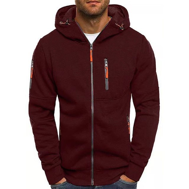 Men's hooded zip hoodie with long sleeves, multiple zipped pockets and drawcord hood