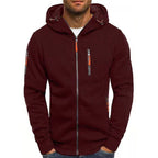 Men's hooded zip hoodie with long sleeves, multiple zipped pockets and drawcord hood