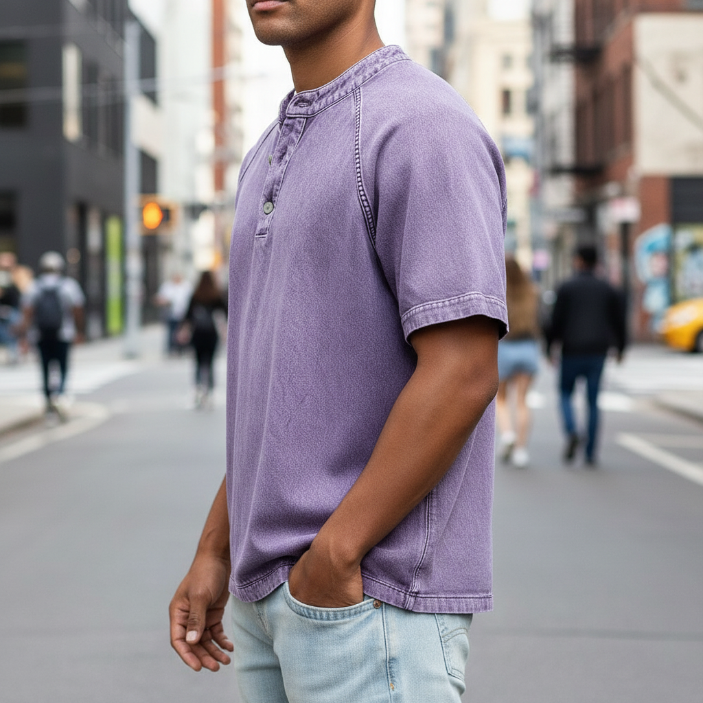 Men's Short Sleeve Band Collar Button Henley Tee
