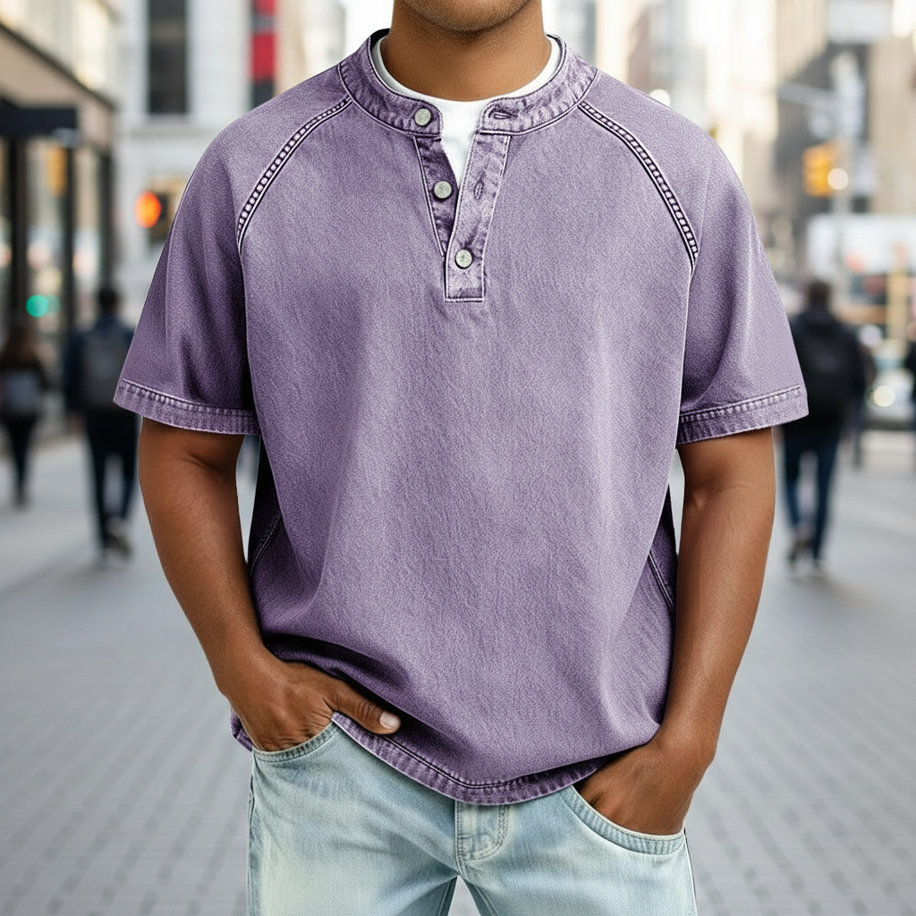 Men's Short Sleeve Band Collar Button Henley Tee
