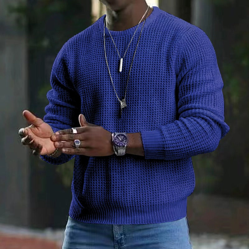 Men's long-sleeve textured knit jumper with crew neck and ribbed trims