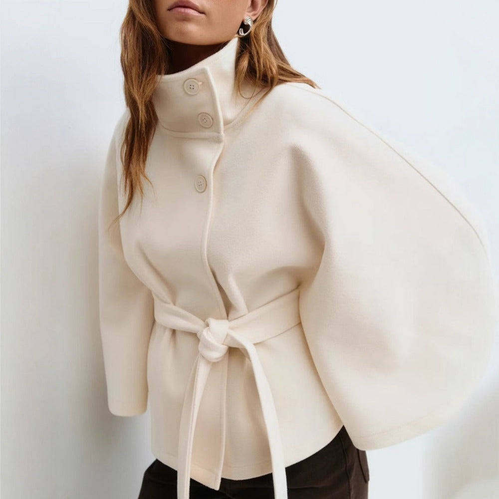 Women's Belted Cape Coat with High Button Collar