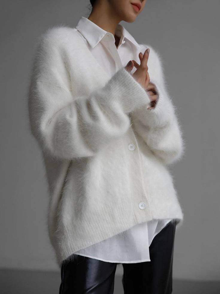Women's Fluffy V-Neck Cropped Button Cardigan
