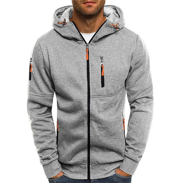Men's hooded zip hoodie with long sleeves, multiple zipped pockets and drawcord hood