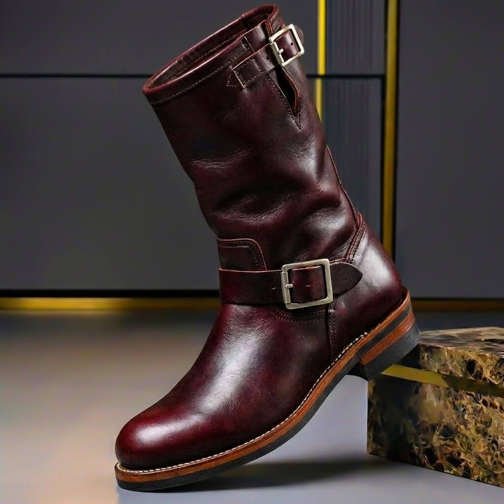 Vintage mid-calf boots with round toes, slouch shafts and buckle straps