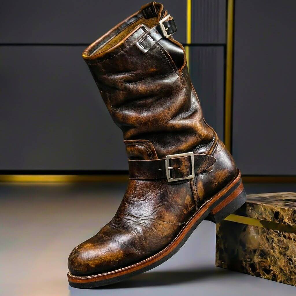 Vintage mid-calf boots with round toes, slouch shafts and buckle straps