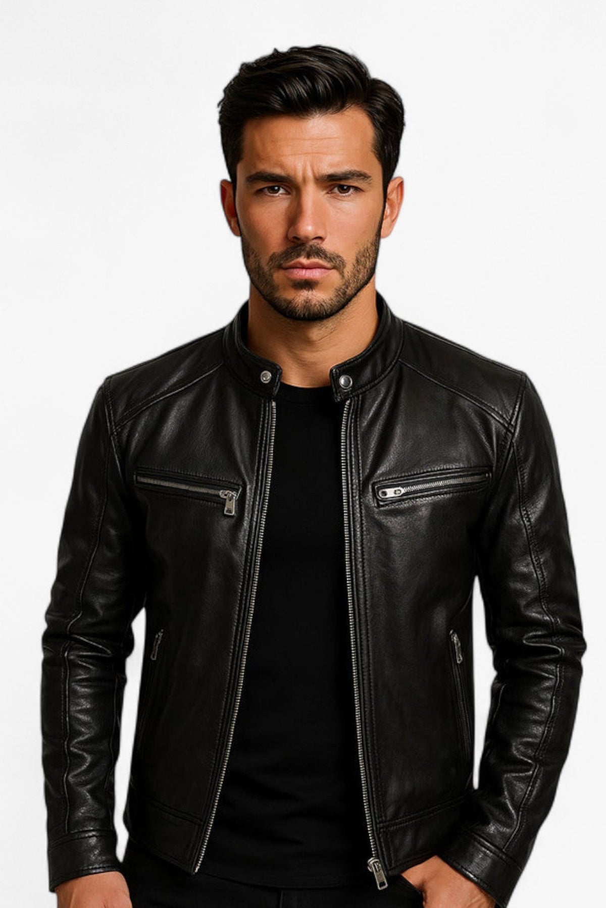 Men's Fitted Faux Leather Moto Style Jacket