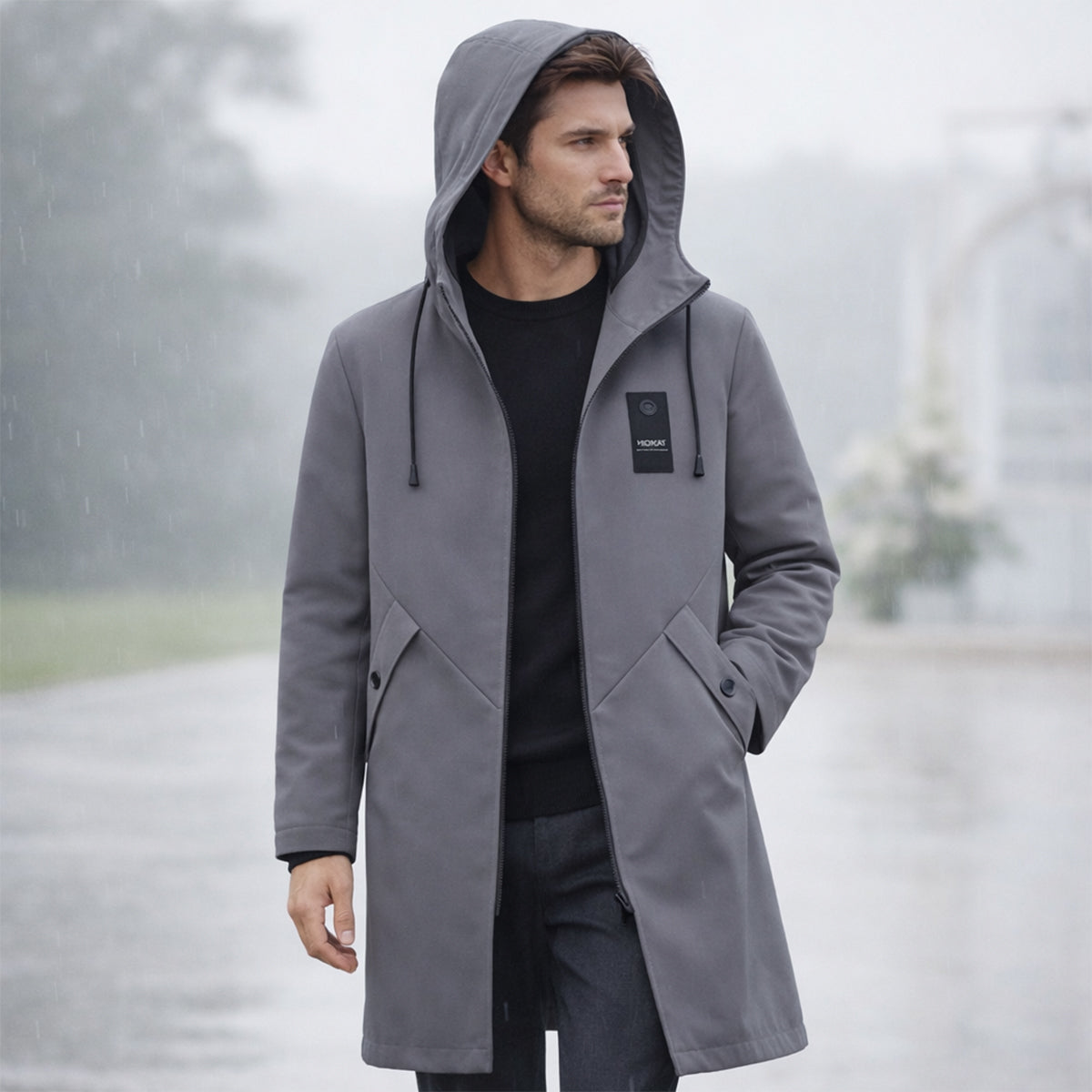 Men's long hooded rain jacket with zip front and slanted flap pockets
