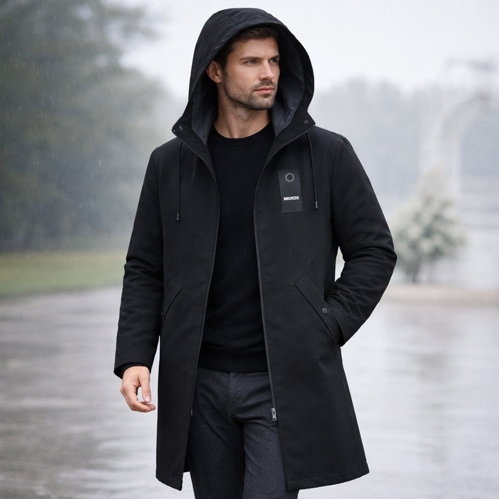 Men's long hooded rain jacket with zip front and slanted flap pockets