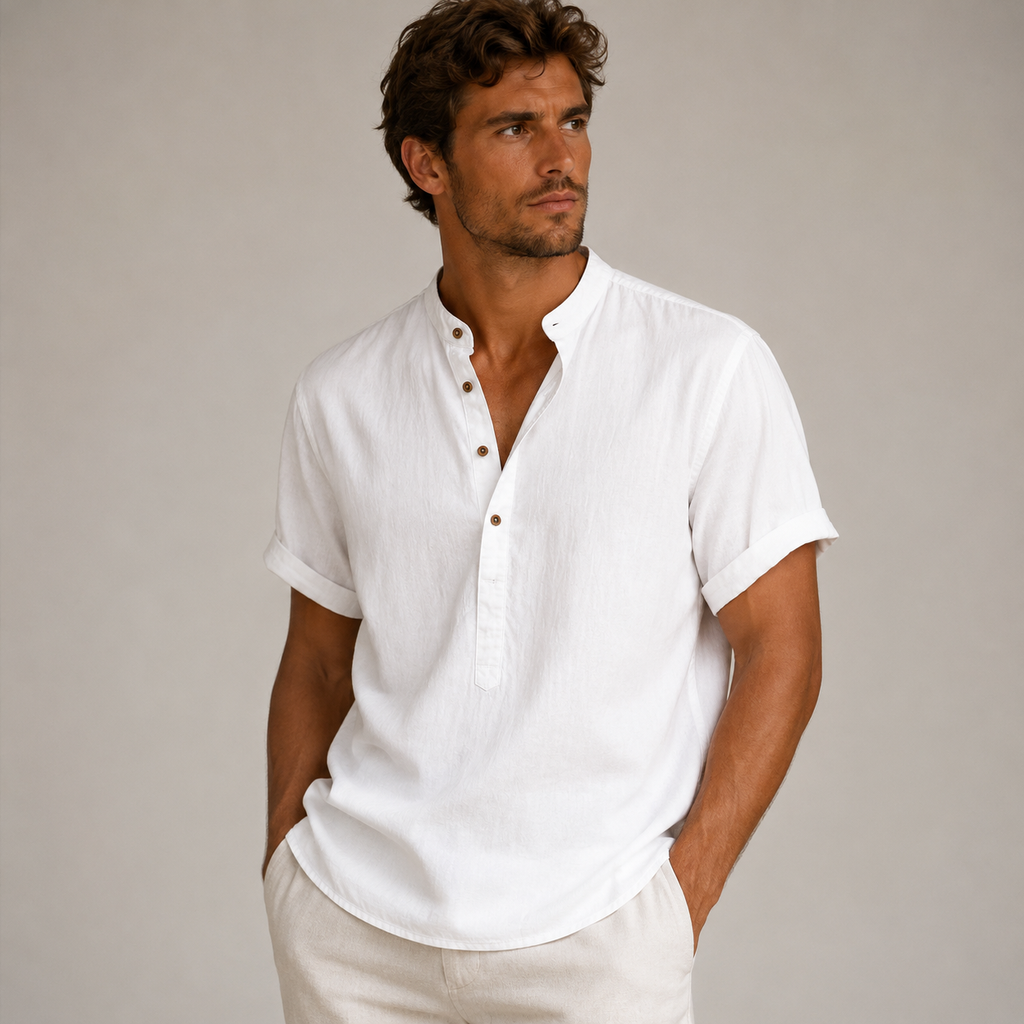 Men's Short Sleeve Band Collar Linen Shirt