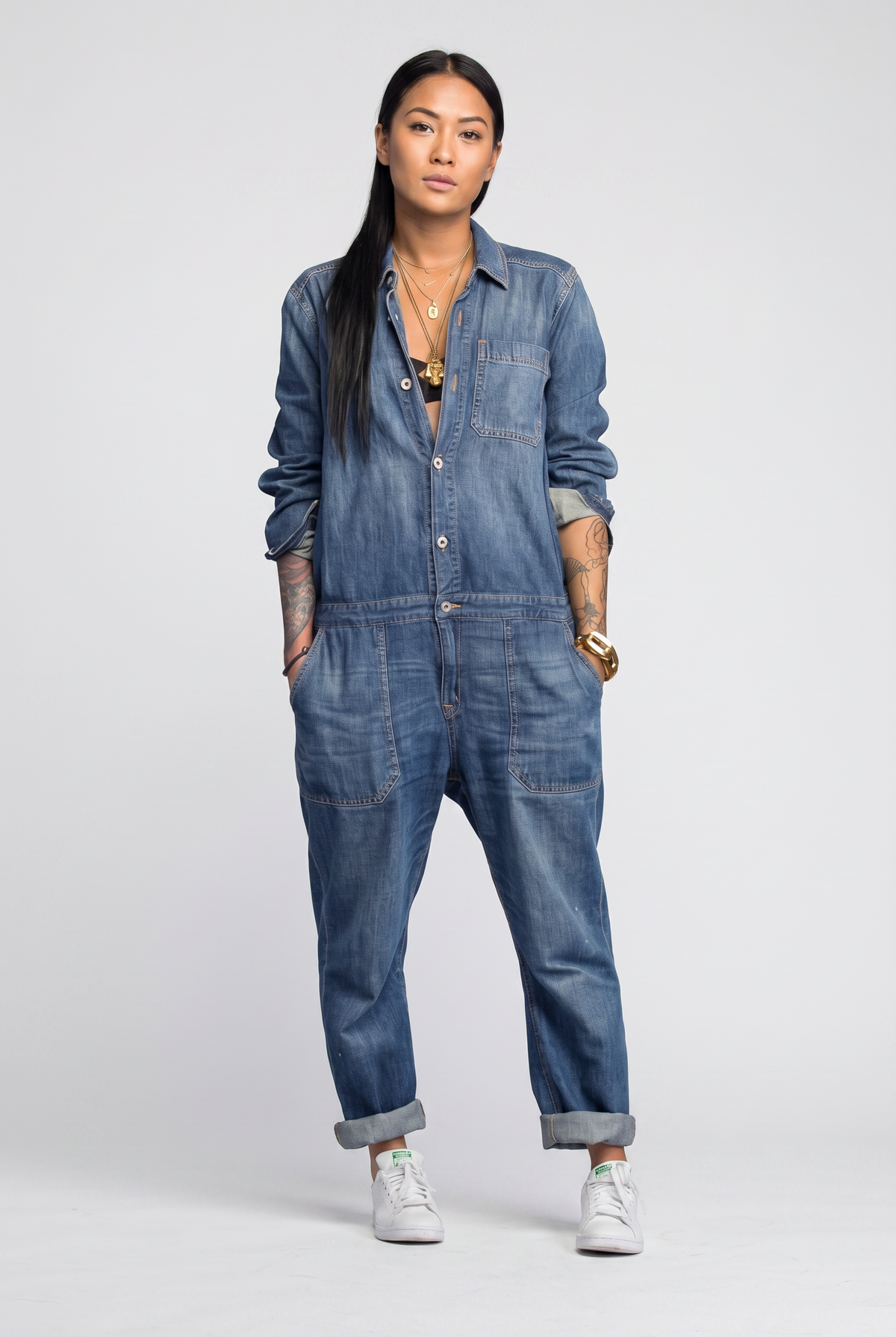 Women's Denim Button-Front Relaxed Fit Jumpsuit