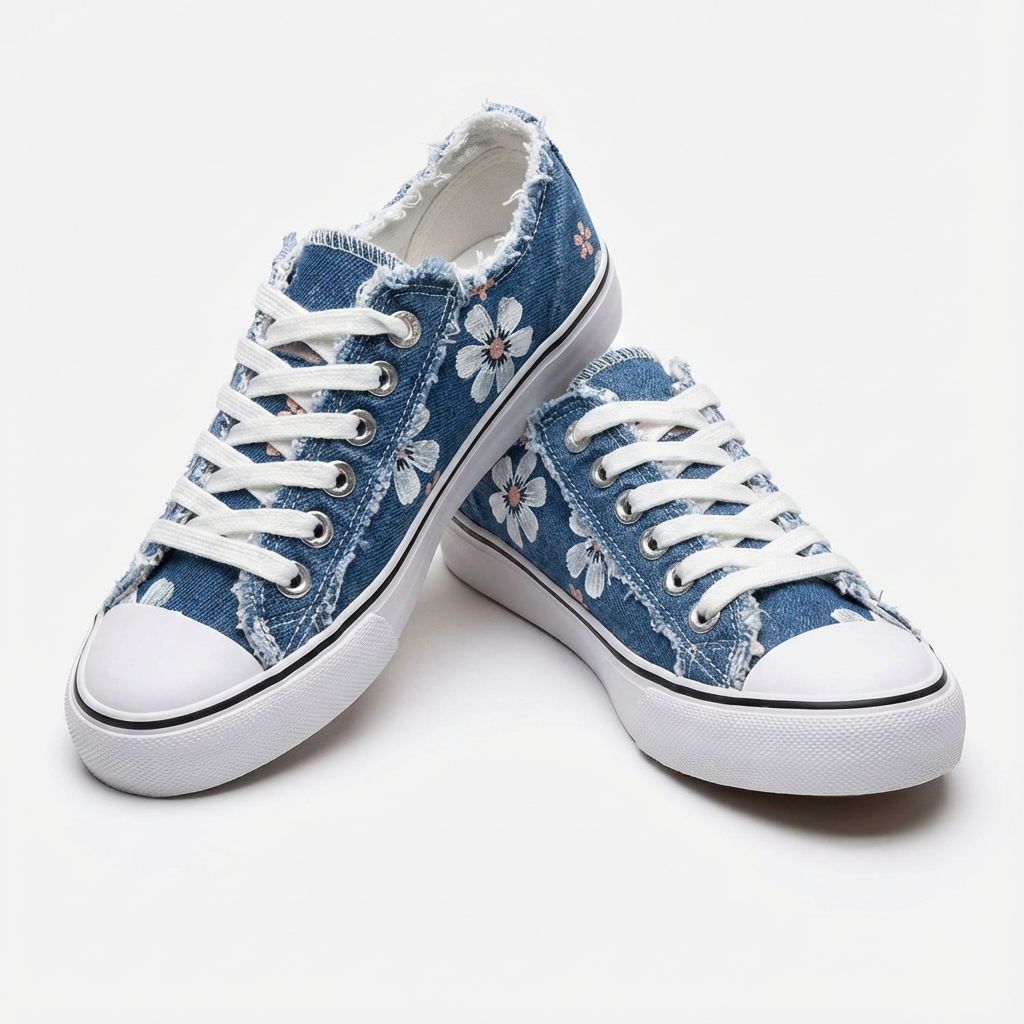 Women's Floral Print Distressed Denim Sneakers