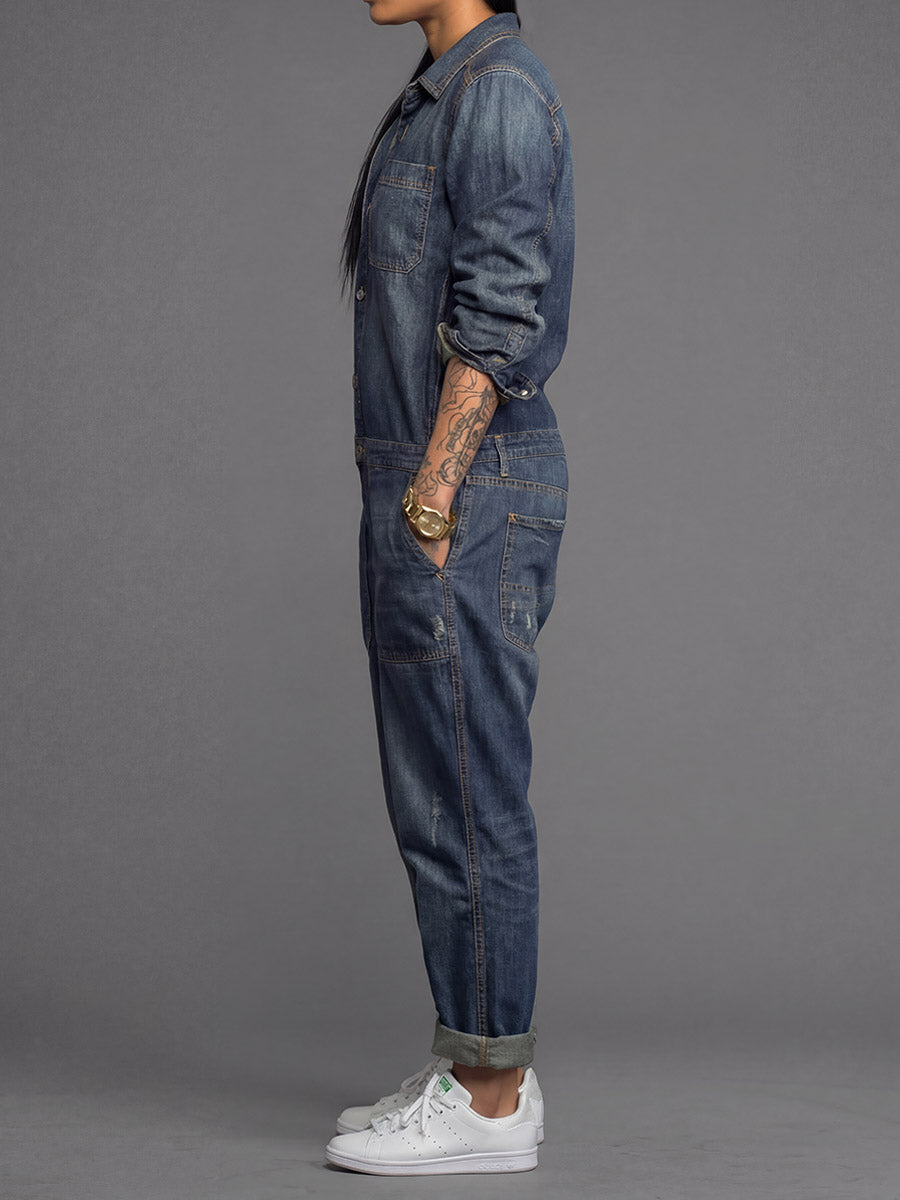 Women's Denim Button-Front Relaxed Fit Jumpsuit