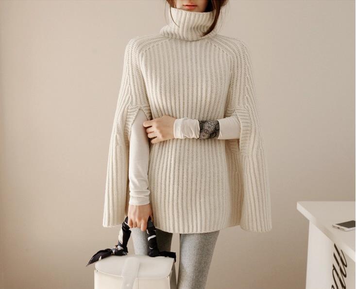 Women’s Ribbed Knit Turtleneck Cape Sweater
