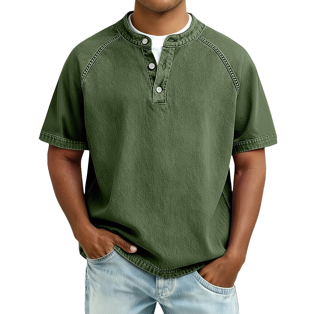 Men's Short Sleeve Band Collar Button Henley Tee