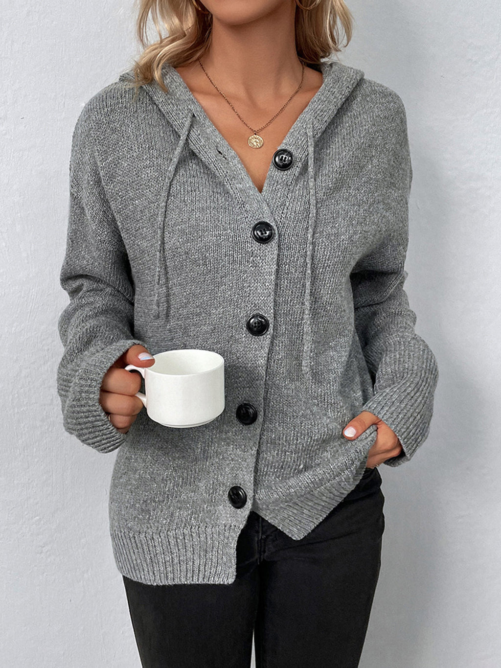 Women’s Hooded Knit Button Cardigan with Drawstring