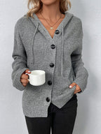Women’s Hooded Knit Button Cardigan with Drawstring